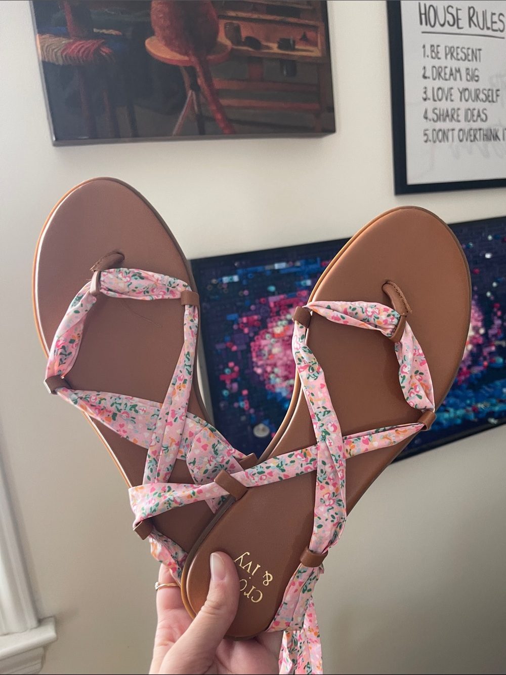 crown & ivy Pink Floral Wrap Sandals with Brown Footbed